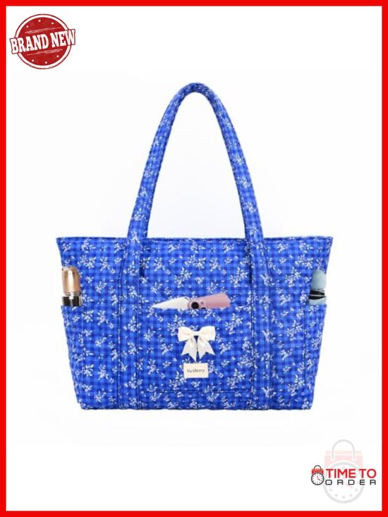 Handbags - Quilted Cotton Tote Bag with 7 Pockets, Zip Top, Lightweight
